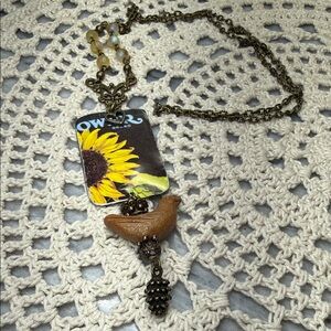 Bird & vintage sunflower tin Pendant & glass beaded Necklace